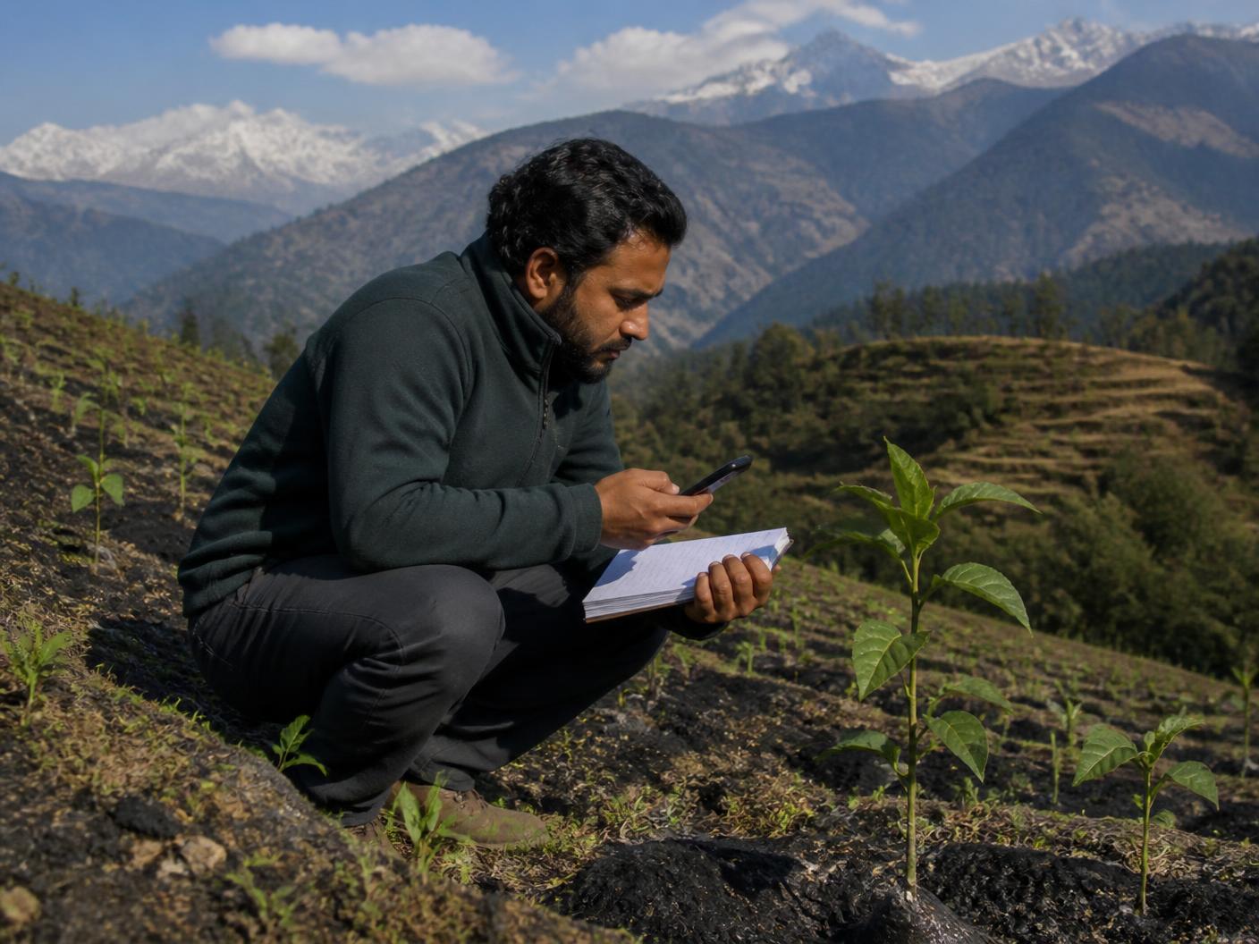 Field coordinator documenting sapling growth at a plantation site